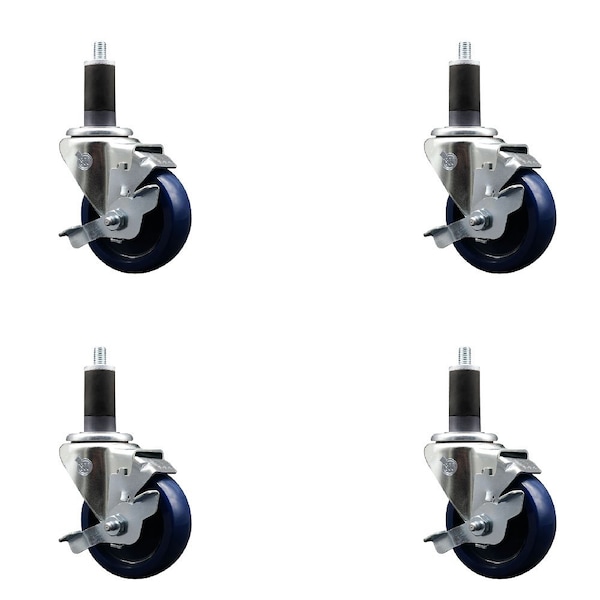 3.5'' Solid Poly Swivel 1-1/4'' Expanding Stem Caster Set with Brake, 4PK